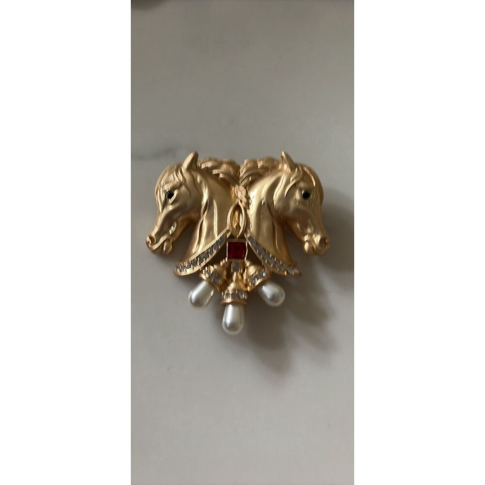 Gold tone, two headed horse, Pearl and gem brooch